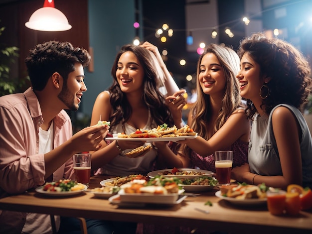 Foto amigos a festejar com comida de lado