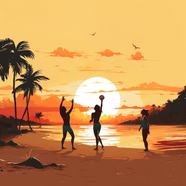 Amigos a jogar voleibol na praia ao pôr do sol.