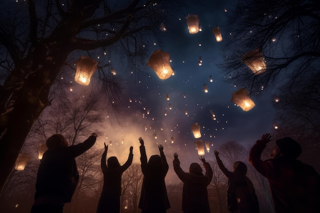 Amigos a lançar lanternas no céu noturno