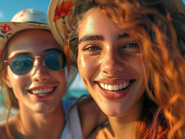 Amigos a relaxar na praia Um momento feliz