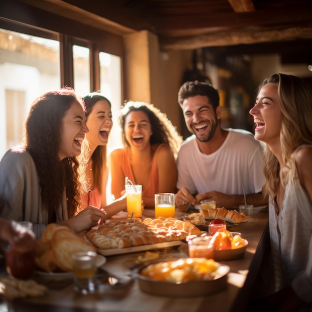 Amigos a rir, a desfrutar do pequeno-almoço juntos.