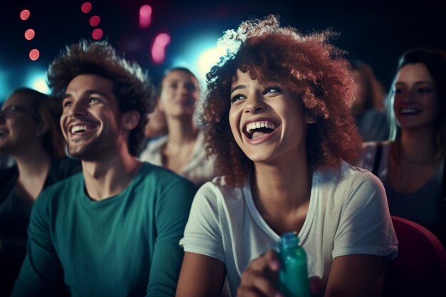 Foto amigos a rir juntos num espectáculo de comédia.