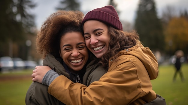 Foto amigos abraçados num parque ai generative