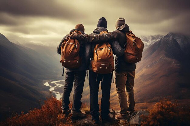 Amigos abrazados durante un viaje de senderismo