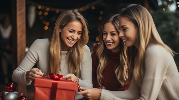 Amigos abrindo presentes de Natal na sala de estar