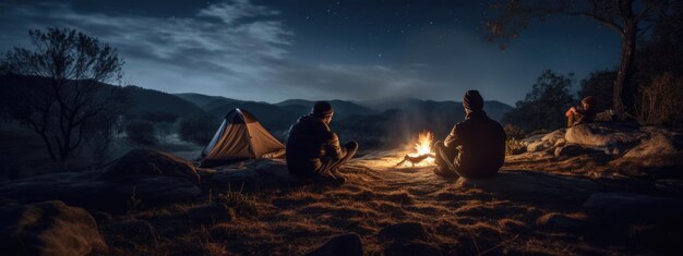 Amigos acampados olham para o céu noturno e estrelas ao lado de sua tenda na natureza