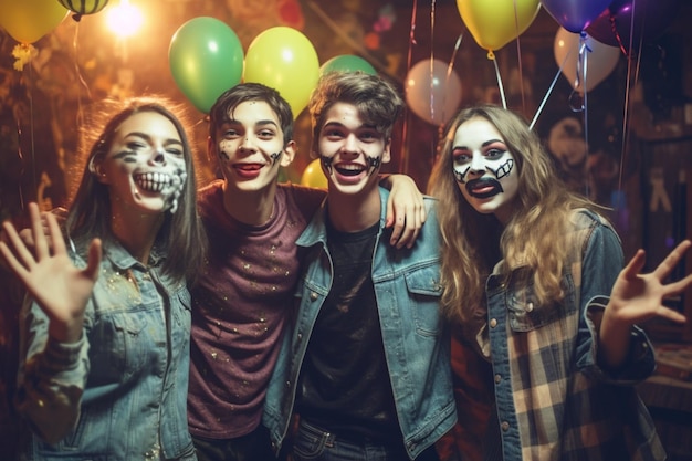 Amigos adolescentes en disfraces celebrando y divirtiéndose en la fiesta de halloween Gente en halloween