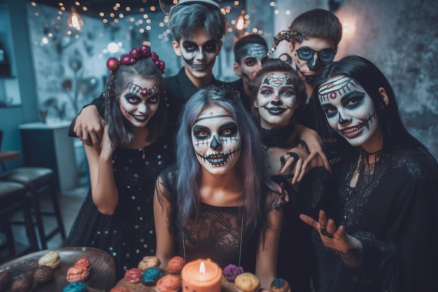 Foto amigos adolescentes en disfraces celebrando y divirtiéndose en la fiesta de halloween gente en halloween