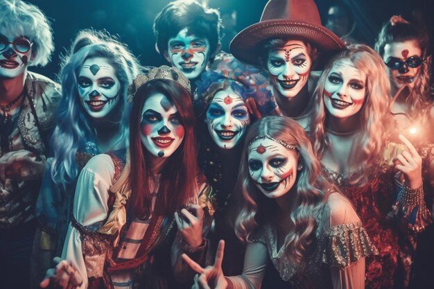 Amigos adolescentes em fantasias comemorando e se divertindo na festa de halloween Pessoas no halloween