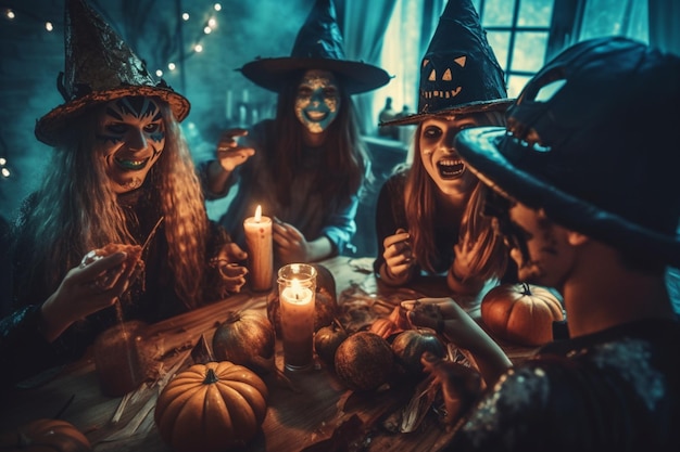 Amigos adolescentes em fantasias comemorando e se divertindo na festa de halloween Pessoas no halloween