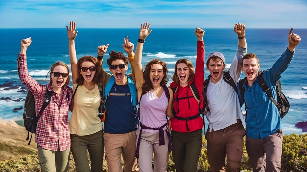 Amigos adultos jóvenes en una caminata celebran al llegar a una cumbre cerca de la costa vista lateral en toda su longitud