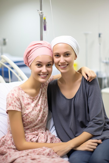 Foto amigos afectados por el cáncer sentados en la cama del hospital, sonrisas de actitud positiva generadas por ai