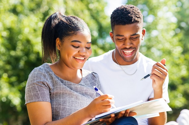 Amigos afro-americanos compartilhando conhecimento no campus universitário em dia ensolarado ao ar livre no parque