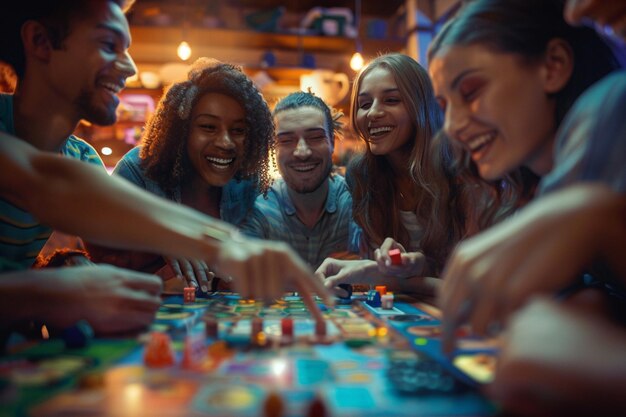 Foto amigos alegres a ter uma noite de jogos com jogos de tabuleiro