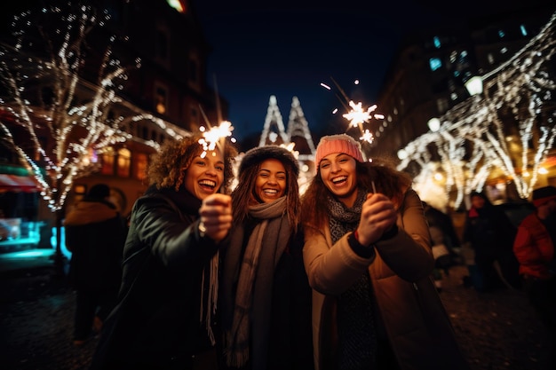 Amigos alegres con chispas en el mercado navideño