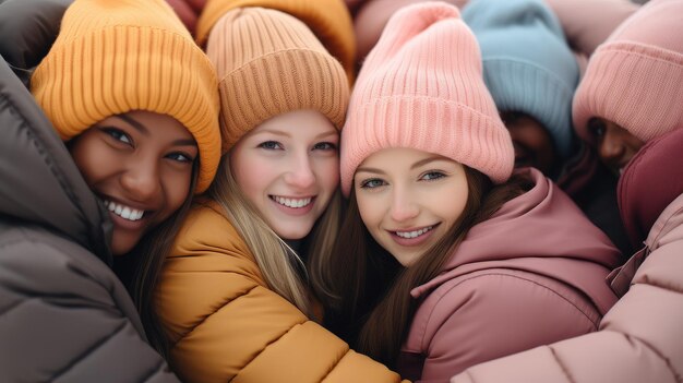 Foto amigos alegres comparten el calor en coloridos trajes de invierno mujeres