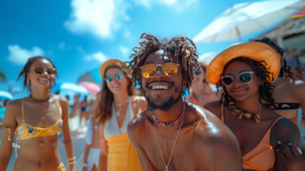 Amigos alegres de várias raças desfrutando juntos de uma festa na praia