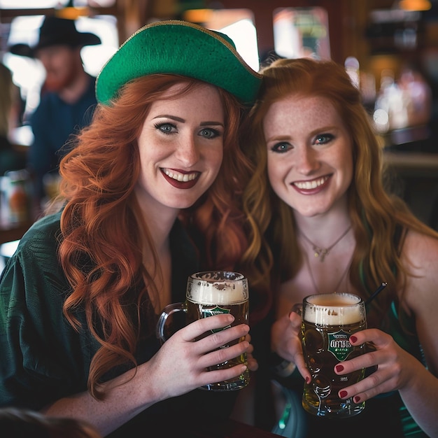 Amigos alegres disfrutando de las festividades del Día de San Patricio en el pub