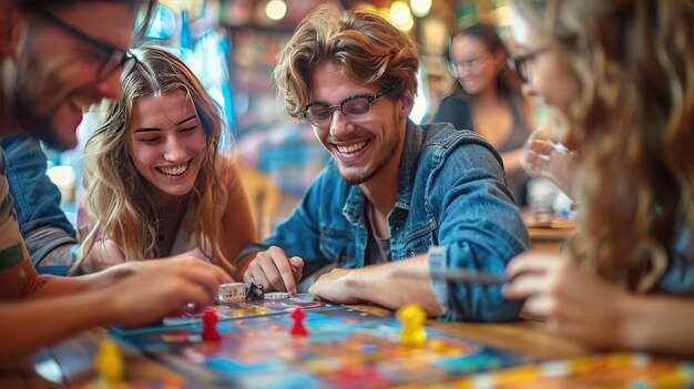 Amigos alegres disfrutando de una noche de juegos de mesa en casa