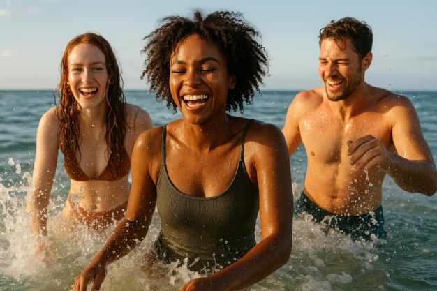 Amigos alegres disfrutando de las olas de la playa