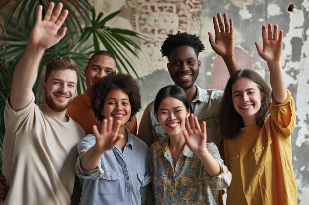 Foto amigos alegres y diversos que muestran un gesto de bienvenida con las manos amigos alegre y diversos que mostran una bienvenida generada por la ia