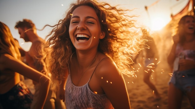 Amigos alegres divirtiéndose en una fiesta en la playa