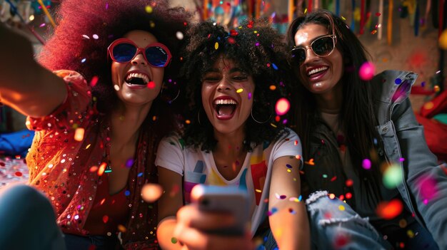 Foto amigos alegres estão tirando uma selfie durante uma celebração com confetes voando ao redor deles