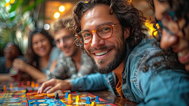 Foto amigos alegres participando en una reunión de juegos de mesa en un lugar acogedor