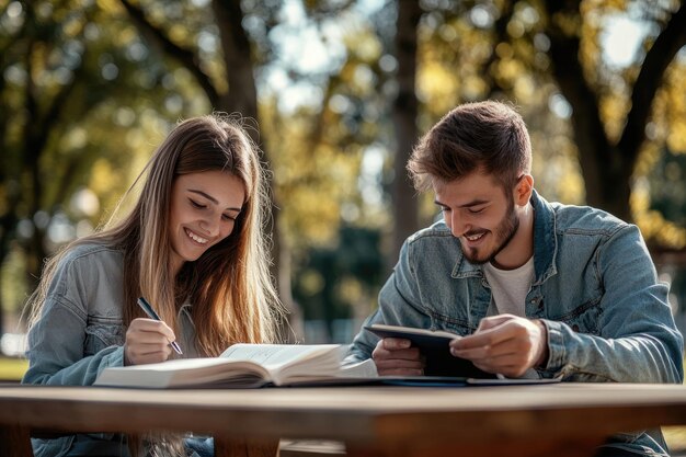 Amigos alegres que estudian en la mesa del parque