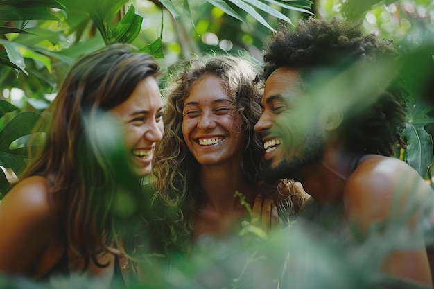 Foto amigos alegres rindo juntos na natureza com ia gerada