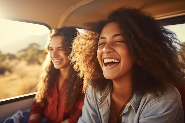 Foto amigos alegres en un viaje por carretera