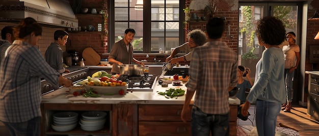 Amigos alrededor de una isla de cocina preparando comida
