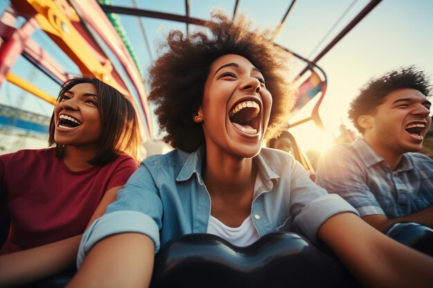 Foto amigos andando de montanha-russa no parque de diversões pessoas no parque de diversões generative ai