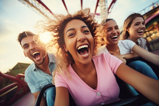 Foto amigos andando de montanha-russa no parque de diversões pessoas se divertindo ia generativa