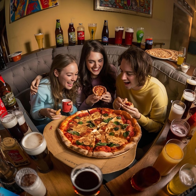 Amigos de bajo ángulo con pizza y bebidas