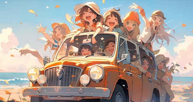 Foto amigos de anime en un viaje a la playa en un coche