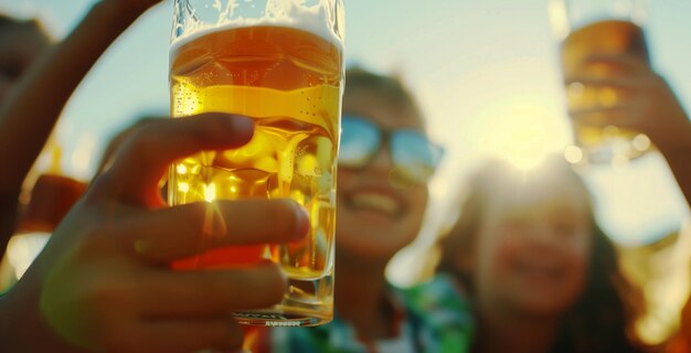 Foto amigos aplaudindo com copos de cerveja à luz do sol se concentram em primeiro plano com rostos felizes borrados