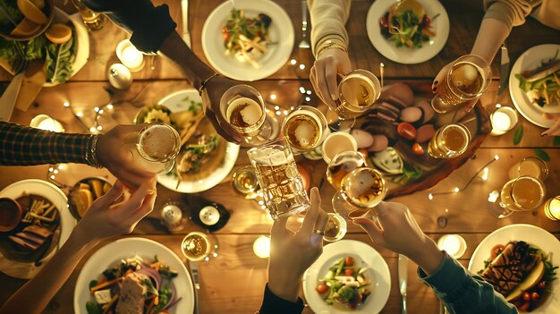 Foto amigos aplaudindo copos de cerveja em mesa de madeira coberta com comida deliciosa top view o generative ai