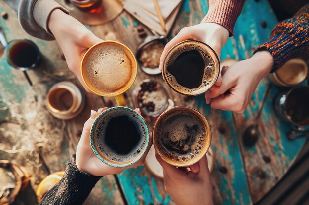 Amigos apontando para a câmera enquanto tomam café preto