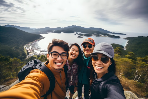 Amigos asiáticos capturando uma selfie de grupo com paisagens deslumbrantes como pano de fundo adicionar espaço de cópia