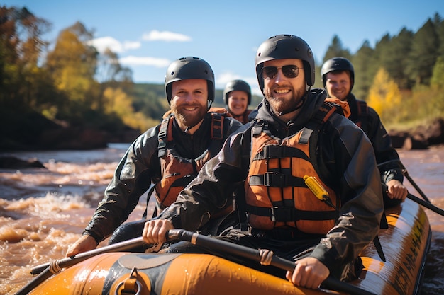 Amigos en una aventura de rafting en un río navegando por rápidos desafiantes deportes al aire libre generados por AI