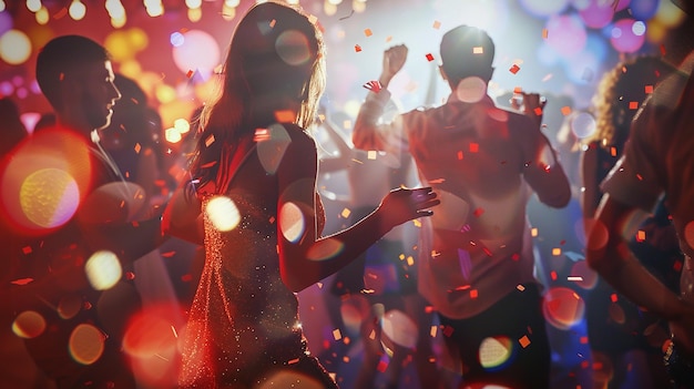 Amigos bailando en una fiesta con luces vibrantes