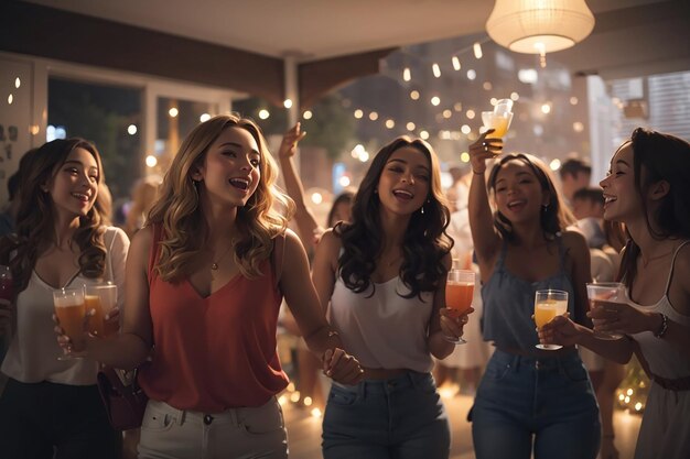 Amigos bailando sosteniendo bebidas en la fiesta en casa