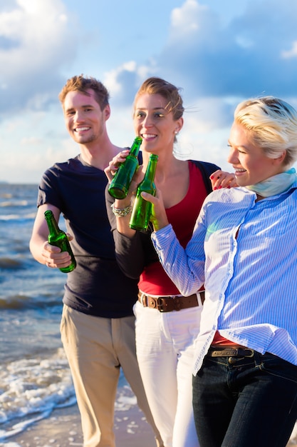 Amigos, bebendo, cerveja engarrafada, em, praia