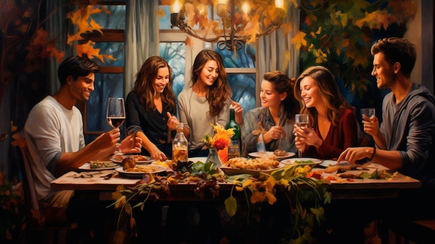 amigos bebendo vinho e se divertindo juntos durante o jantar