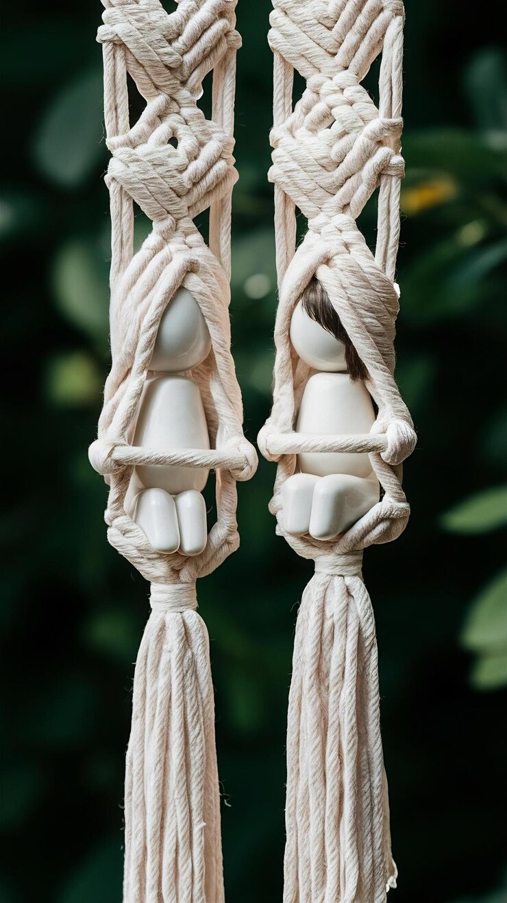 Foto amigos blancos de macrame trabajando juntos en el arte del macrame
