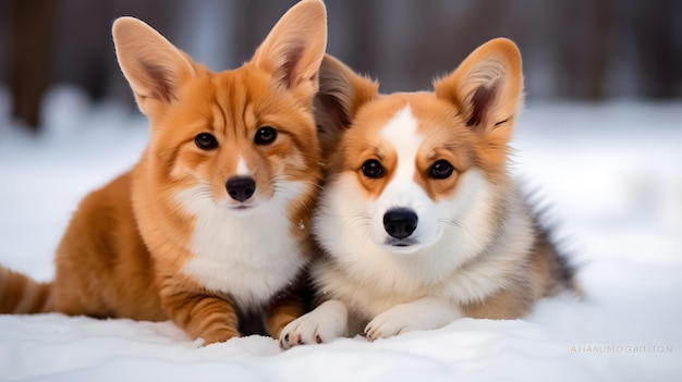 Amigos bonitos e fofinhos Gato vermelho e cão