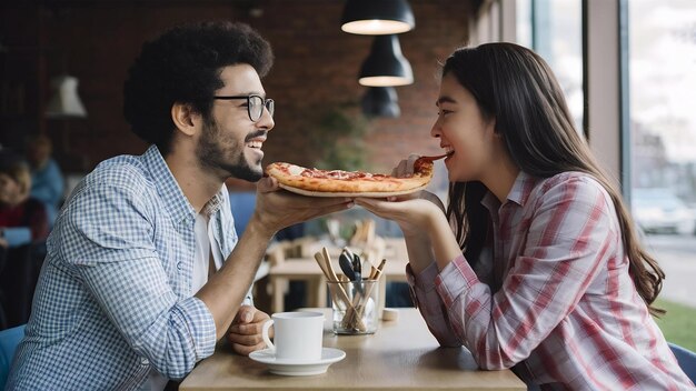 Foto amigos bonitos num café a comer uma pizza.