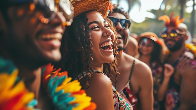 Amigos brasileiros celebram o carnaval e desfrutam de um redemoinho trajes brilhantes música ao vivo dança e uma atmosfera geral de alegria e diversão