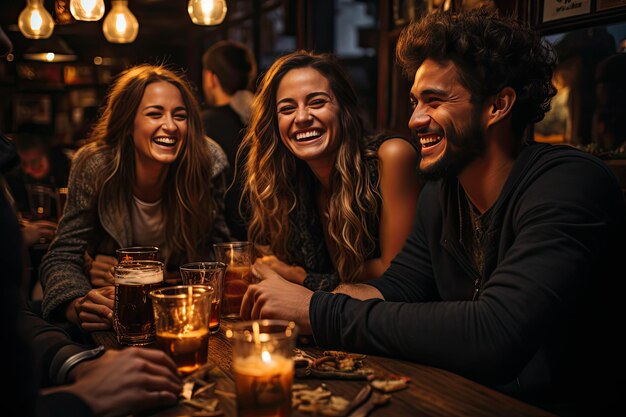 Amigos brindando com cerveja em um pub acolhedor IA generativo